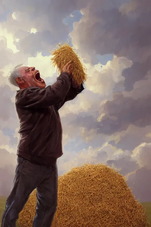 Image similar to an old man yelling at a pile of hay, realistic painting, symmetrical, highly detailed, digital painting, artstation, concept art, smooth, sharp focus, illustration, cinematic lighting, art by artgerm and greg rutkowski and alphonse mucha