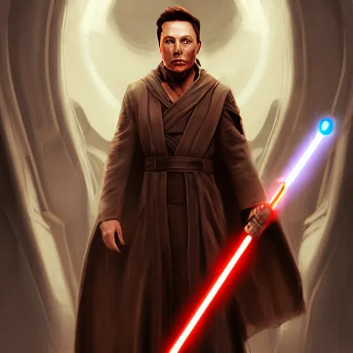 Image similar to elon musk jedi master in brown robe, style of Raymond Swanland, cinematic, artstation