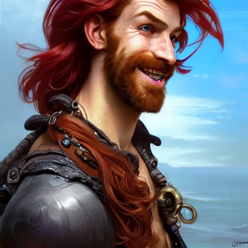 Prompt: portrait of a young ruggedly handsome but joyful pirate, male, masculine, upper body, red hair, long hair, d & d, fantasy, giddy smirk, intricate, elegant, highly detailed, digital painting, artstation, concept art, matte, sharp focus, illustration, crimson hair, art by artgerm and greg rutkowski and alphonse mucha