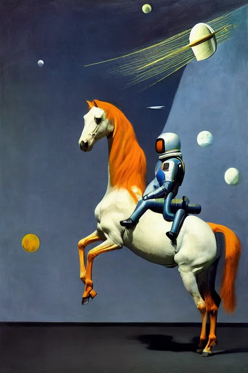 Image similar to a horse sits astride an astronaut, hauntingly surreal, highly detailed painting by francis bacon, edward hopper, adrian ghenie, gerhard richter, and james jean soft light 4 k,