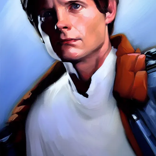 Image similar to greg manchess portrait painting of marty mcfly from back to the future as overwatch character, medium shot, asymmetrical, profile picture, organic painting, sunny day, matte painting, bold shapes, hard edges, street art, trending on artstation, by huang guangjian, gil elvgren, ruan jia, randy vargas, greg rutkowski