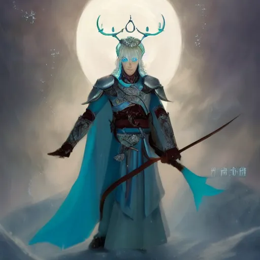 Prompt: half length portrait of a handsome male snow elf in a turquoise cape and silver ornate armour as an archer, albino skin, pale pointed ears, ethereal opalescent mist, moonlight snow, perfect face, elegant, very coherent symmetrical artwork, atmospheric lighting, rule of thirds, by wenjun lin, krenz cushart, charlie bowater, trending on artstation