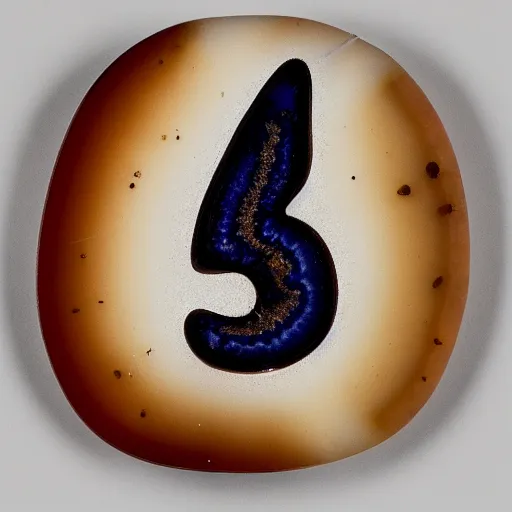 Image similar to a studio portrait of an agate with the letter k in the banding white background