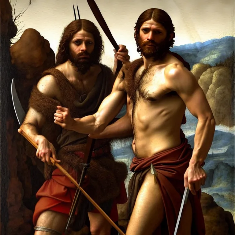 Image similar to renaissance painting full body portrait of a gruff ranger with a spear, lean and toned, handsome face, hairy chest and hairy body, D&D, intricate, elegant, highly detailed, digital painting, artstation, concept art, matte, sharp focus, chiaroscuro, well list, illustration, art by da Vinci, Artgerm and Greg Rutkowski and Alphonse Mucha