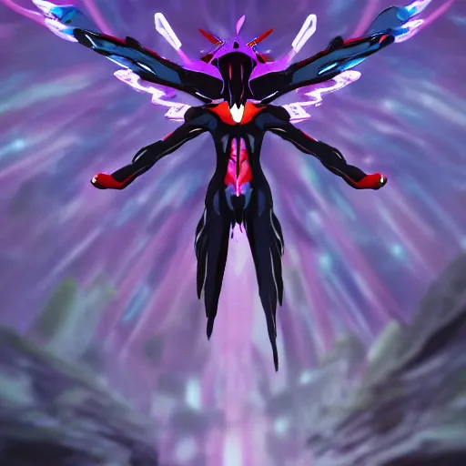 Image similar to evangelion biblical angel invaders with neon wings in a dim dark forest colorful 4 k path traced high definition detailed artstation realistic trending dramatic lighting dark and light contrast