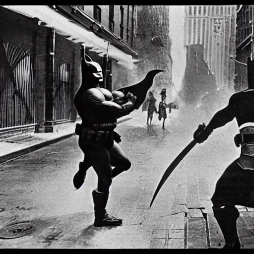 Prompt: old black and white photo, 1 9 1 3, depicting batman fighting bad guys in an ally of new york city, rule of thirds, historical record