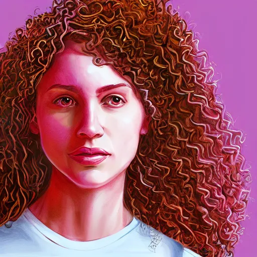 Prompt: portrait of a woman with curly hair in a pink shirt and highrise jeans making sourdough in sunlit kitchen, hyper detailed, digital art, trending in artstation