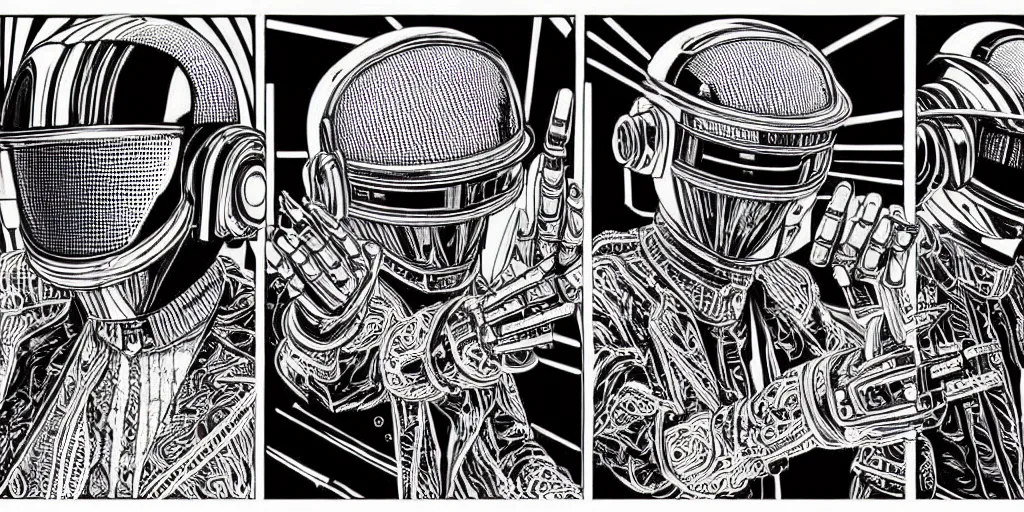 Image similar to intricate detailed artwork of 2 Daft Punk robot rock using dj controller at an underground warehouse rave in Ibiza, playing techno house music, thousands of beautiful girls in bikini dancing, in the style of Moebius, wires, speakers, black and white ink, some ink drips