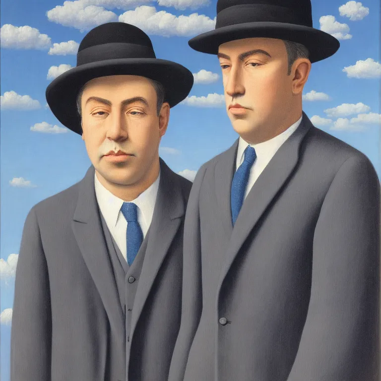 Image similar to portrait of a man in a suit, his face is fully made of clouds and he is wearing a hat, by rene magritte, detailed painting, hd, hq, high resolution, high detail, 4 k, 8 k