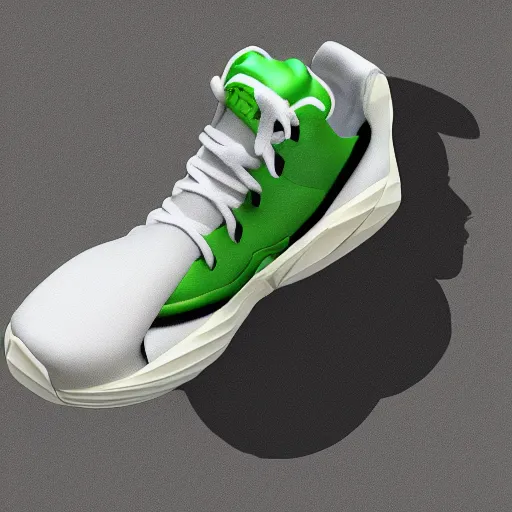Image similar to x sneakers shoes based on yoda design designed by tinker hatfield, 3 d render