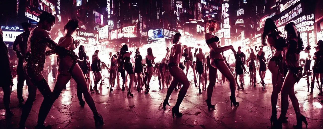 Image similar to gangster in cyberpunk night adult club, 3 5 mm, show. girls dancing, low angle, blade runner, akira, cinematic angle, cinematic lighting, reflections, action, fight