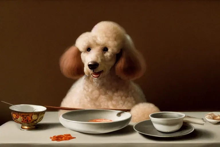 Prompt: portrait of a poodle, eating pho soup, beautiful detailed intricate insanely detailed octane render, 8k artistic photography, photorealistic, chiaroscuro, by David Cronenberg, Raphael, Caravaggio