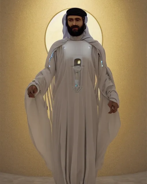 Prompt: centered portrait photo by bouguereau of blissful man as a solarpunk mecha humanoid robotic parts wearing arabic clothes with bright lights, real human face, serpentine pose, inside white room, ultra - realistic and detailed, 8 k