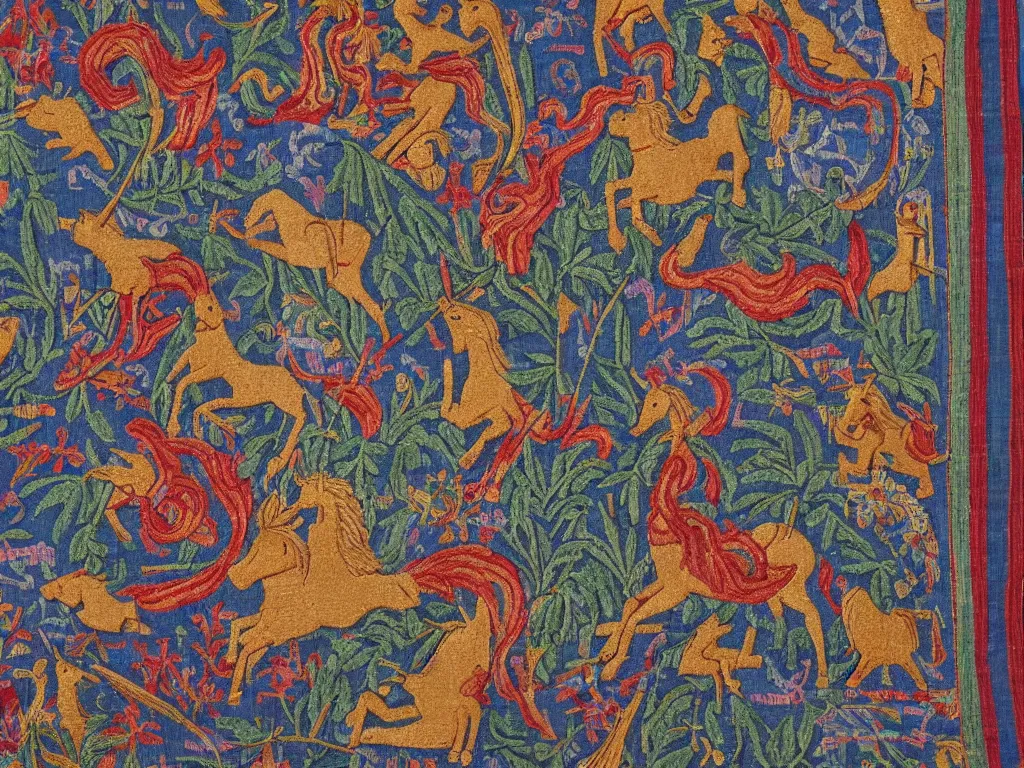 Prompt: Embroidered Central Asian tapestry depicting a unicorn in the garden of Eden