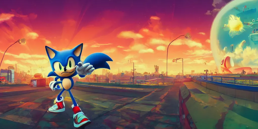 Prompt: Sonic the Hedgehog, Portrait, Very Cloudy Sky, Sun, Neon Lights, Subject in Middle, Subject in center, Rule of Thirds, Retrofuturism, Studio Ghibli, Simon Stålenhag