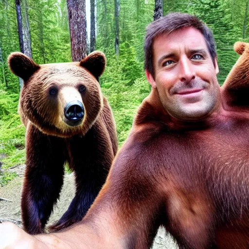 Prompt: Bear Grills selfie with a brown bear