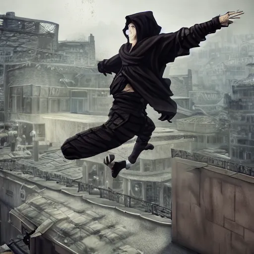 Prompt: a parkour ninja scales a rooftop, unreal engine, octane render, 4 k wallpaper, intense, intricate brush stroke detail, beautiful, gorgeous, by tite kubo, kentaro miura, no more heroes concept art
