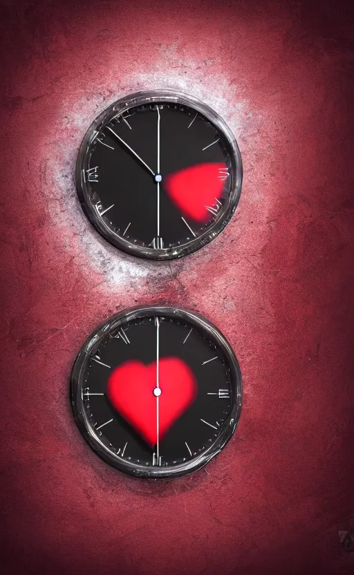 Image similar to a melting Roman numeral clock, behind a red and black gradient background, awith a black heart shaped on the top left corner and a black diamond card shape in the bottom right corner, dynamic lighting, photorealistic fantasy concept art, trending on art station, stunning visuals, cinematic, creative, ultra detailed