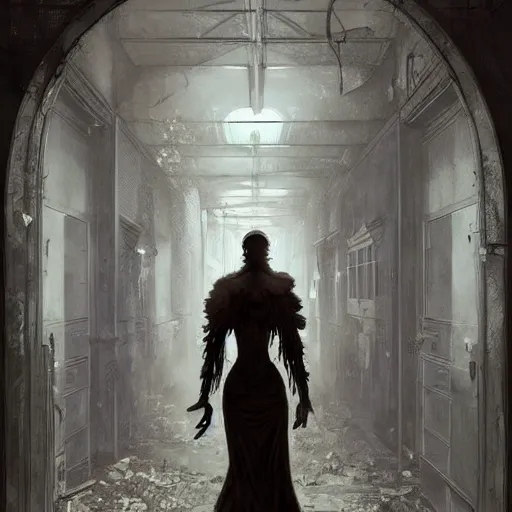 Prompt: shadowy spirit in abandoned hospital hallway, horror, creepy, intricate, elegant, highly detailed, digital painting, artstation, concept art, smooth, sharp focus, illustration, art by artgerm and greg rutkowski and alphonse mucha