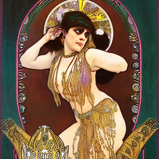 Prompt: realistic detailed dramatic symmetrical portrait of Theda Bara as Salome dancing while dressed in an elaborate jeweled gown, by Alphonse Mucha, Greg Hildebrandt, Mark Brooks, and Gustav Klimt, gilded details, intricate spirals, coiled realistic serpents, Neo-Gothic, gothic, Art Nouveau, ornate medieval religious icon, long dark flowing hair spreading around her