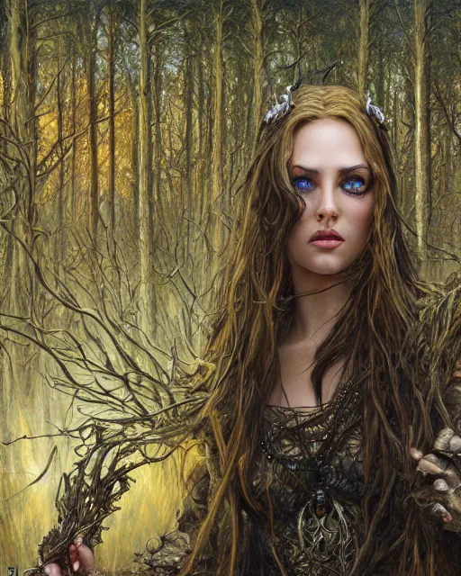 Image similar to a highly detailed airbrush painting of an evil female fantasy sorceress with piercing beautiful eyes standing on a forest meadow, dead trees, night, art by karol bak and donato giancola and mark brooks, centered, full size, hires, 4 k, high resolution, sharp focus