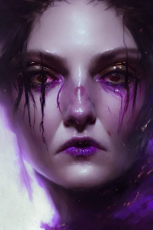 Image similar to extreme close up, facial portrait, woman in witch outfit, purple accents, stoic, grim dark, moody, portrait dnd, painting by gaston bussiere, craig mullins, greg rutkowski, yoji shinkawa