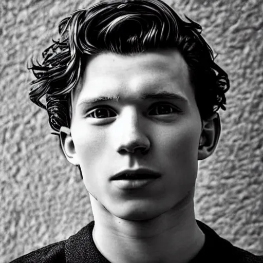 Image similar to “a realistic detailed photo of a guy who is an attractive humanoid who is half robot and half humanoid, who is a android, Tom Holland, shiny skin”