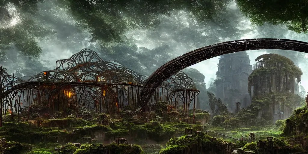 Image similar to a giant chrome metal arch structure is surrounded by jungles and stone ruins, retro - futuristic, science - fantasy, ancient, rusted, fungal, salt, lgbt, queer, rpg, epic, dungeons & dragons, sacred, sharp focus, award - winning, extremely detailed, 4 k, 8 k