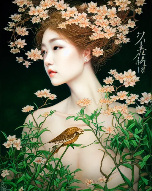 Prompt: portrait of a beautiful lady of nature, graceful beauty, nature aesthetics, head in focus, intricate, elegant, painterly, artstation, artistic, concept art, hasselbrad photography, sharp focus, illustrative, art style by chie yoshii