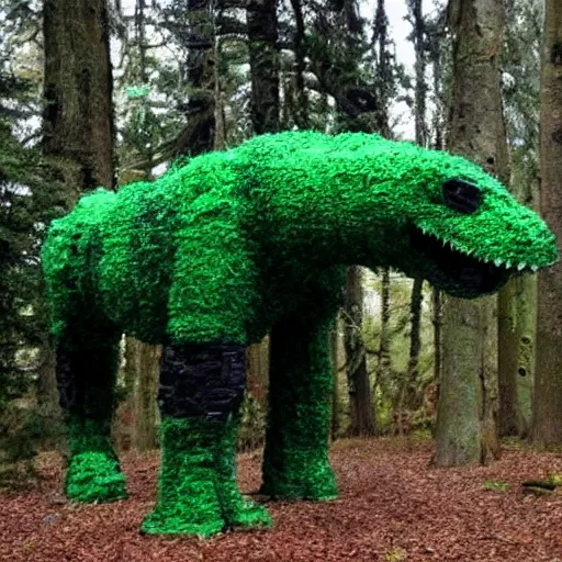 Image similar to mossy recycled tire sculpture of a tyrannosaurus in the forest