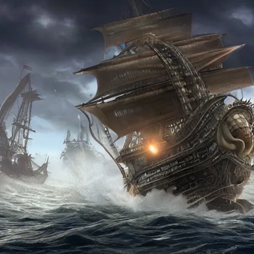 Image similar to kraken destroying a large galleon, ocean, photo realistic