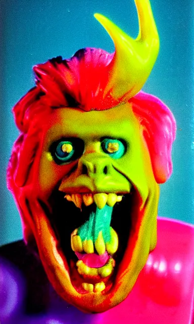 Image similar to colorful crystal gary busey creature, 9 0 s toy commercial, photo from the 7 0 s, horror lighting, neon lighting, polaroid photo,