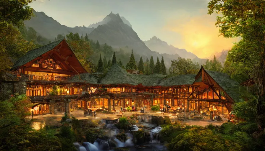 Image similar to rivendell with mcdonald's restaurant built in the mountains with waterfalls and forest at the foot of green gigantic mountains at sunset, fireplace, hyperdetailed, artstation, cgsociety, 8 k