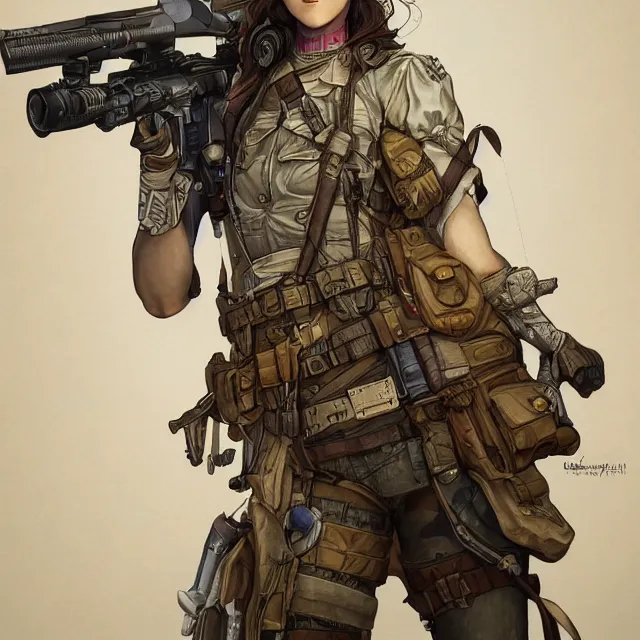 Image similar to the portrait of lawful neutral semi - colorful female infantry sniper as absurdly beautiful, gorgeous, elegant, young woman looking up, an ultrafine hyperdetailed illustration by kim jung gi, irakli nadar, intricate linework, bright colors, octopath traveler, final fantasy, unreal engine 5 highly rendered, global illumination, radiant light, detailed and intricate environment