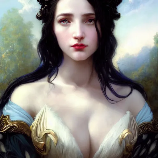 Image similar to a fantasy comic book style portrait painting of a beautiful woman with pale skin and long black hair, mystical valkyrie, francois boucher, oil painting, unreal 5, hyperrealistic, octane render, regal, refined, detailed digital art, rpg portrait, william - adolphe bouguereau, michael cheval, walt disney, steampunk, dynamic lighting, highly detailed, unreal engine