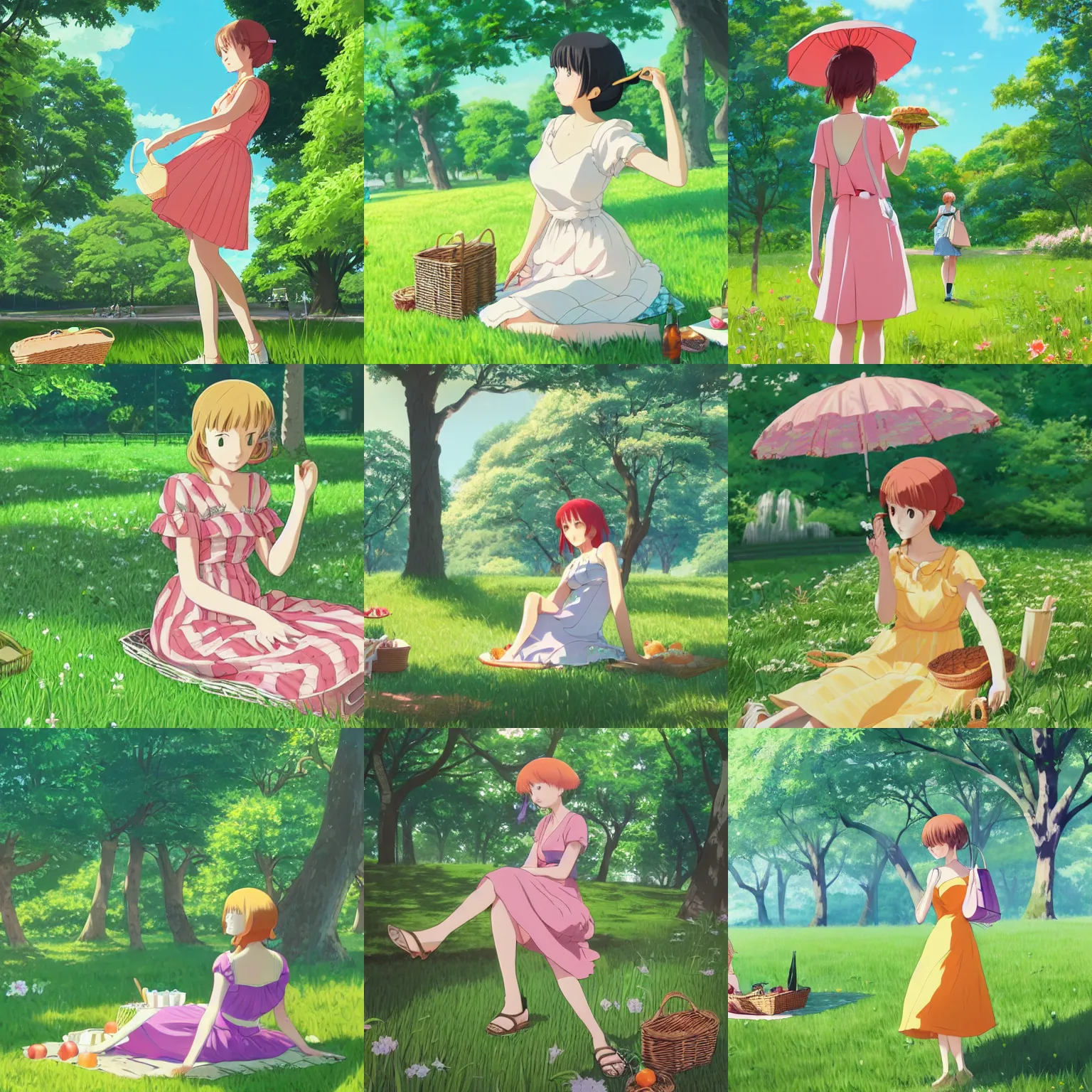 Prompt: A woman wearing a sundress having a picnic in a lush park, highly detailed, artstation, concept art, official Kyoto Animation and Studio Ghibli anime screenshot, by Ilya Kuvshinov and Range Murata