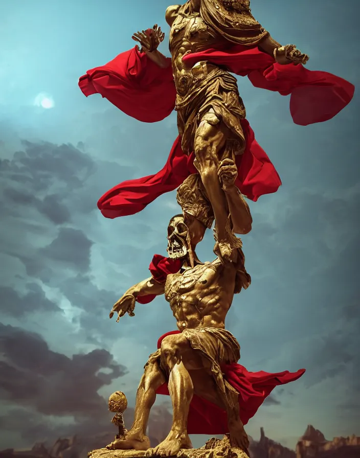 Prompt: a man in the form of a Greek sculpture with a skull instead of a head, dressed in a beautiful red cloak, stands on a golden stone. intricate artwork by artstation. halo. octane render, cinematic, hyper realism, octane render, 8k, depth of field, bokeh. iridescent accents. vibrant. teal and gold and red colour scheme