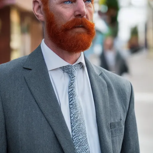 Prompt: photograph of a ginger man in his 40s, greenish blue eyes, small nose, clean shaven, no wrinkles, tall, wearing a white shirt and elegant gray dress jacket, looking into the distance