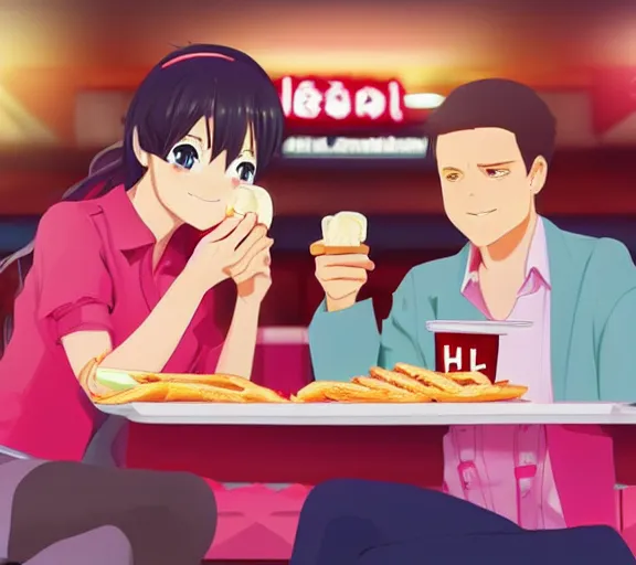 Image similar to A girl and her boyfriend are eating at a fast food restaurant, there are pink hearts around their heads, anime art, hd, smooth, elegant