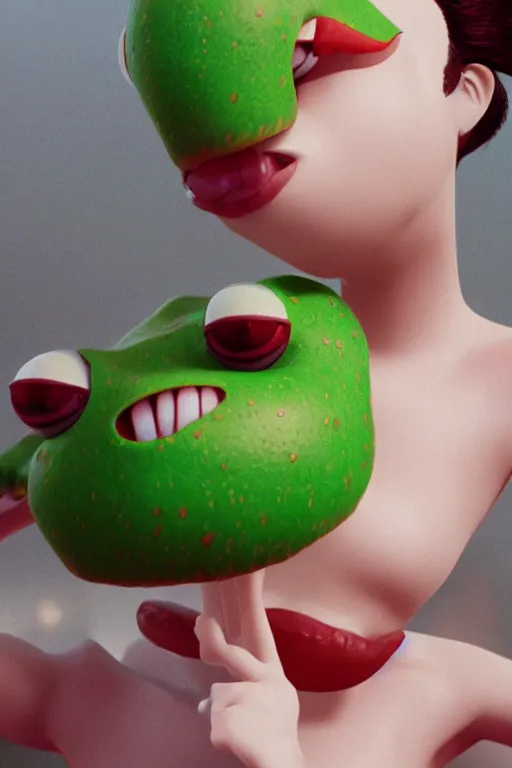 Image similar to hyperrealistic anthropomorphic cartoon 3 d unreal engine red and white polka dot venus fly trap shiny luscious lips slick wet tongue, cinematic lighting 3 5 mm christopher nolan film still