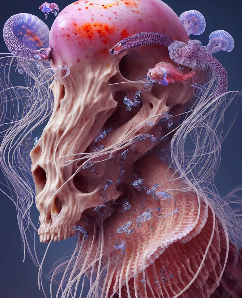 Image similar to goddess close-up portrait ram skull. jellyfish phoenix head, nautilus, orchid, skull, betta fish, bioluminiscent creatures, intricate artwork by Tooth Wu and wlop and beeple. octane render, trending on artstation, greg rutkowski very coherent symmetrical artwork. cinematic, hyper realism, high detail, octane render, 8k