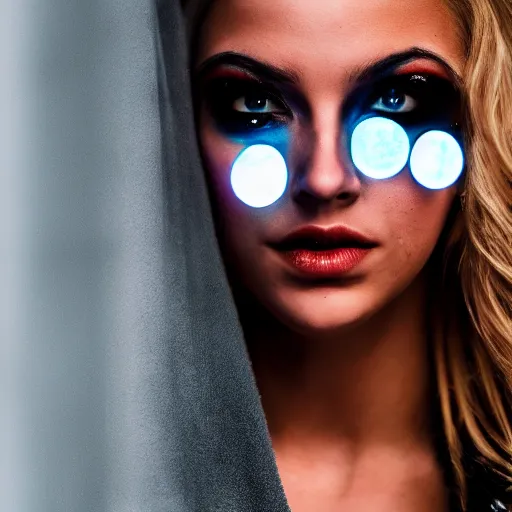 Image similar to A blonde model with glowing eyes, bright on dark, dramatic, cinematic, Sony a7R IV, symmetric balance, polarizing filter, Photolab, Lightroom, 4K, Dolby Vision, Photography Award