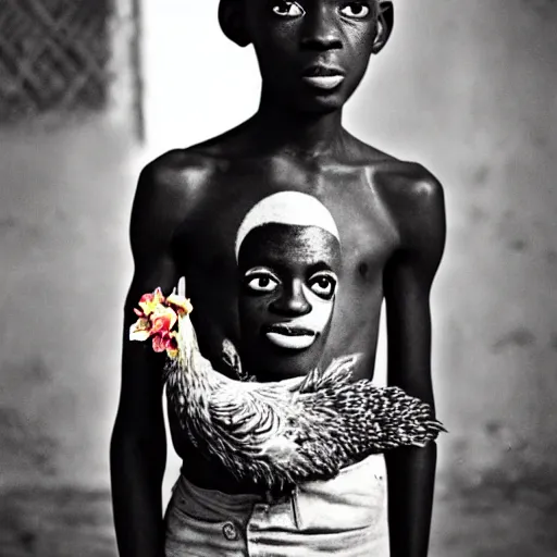 Image similar to an african boy holding a chicken from the movie tank girl, afrofuturism, by jamie hewlett and sawoozer and roger ballen,