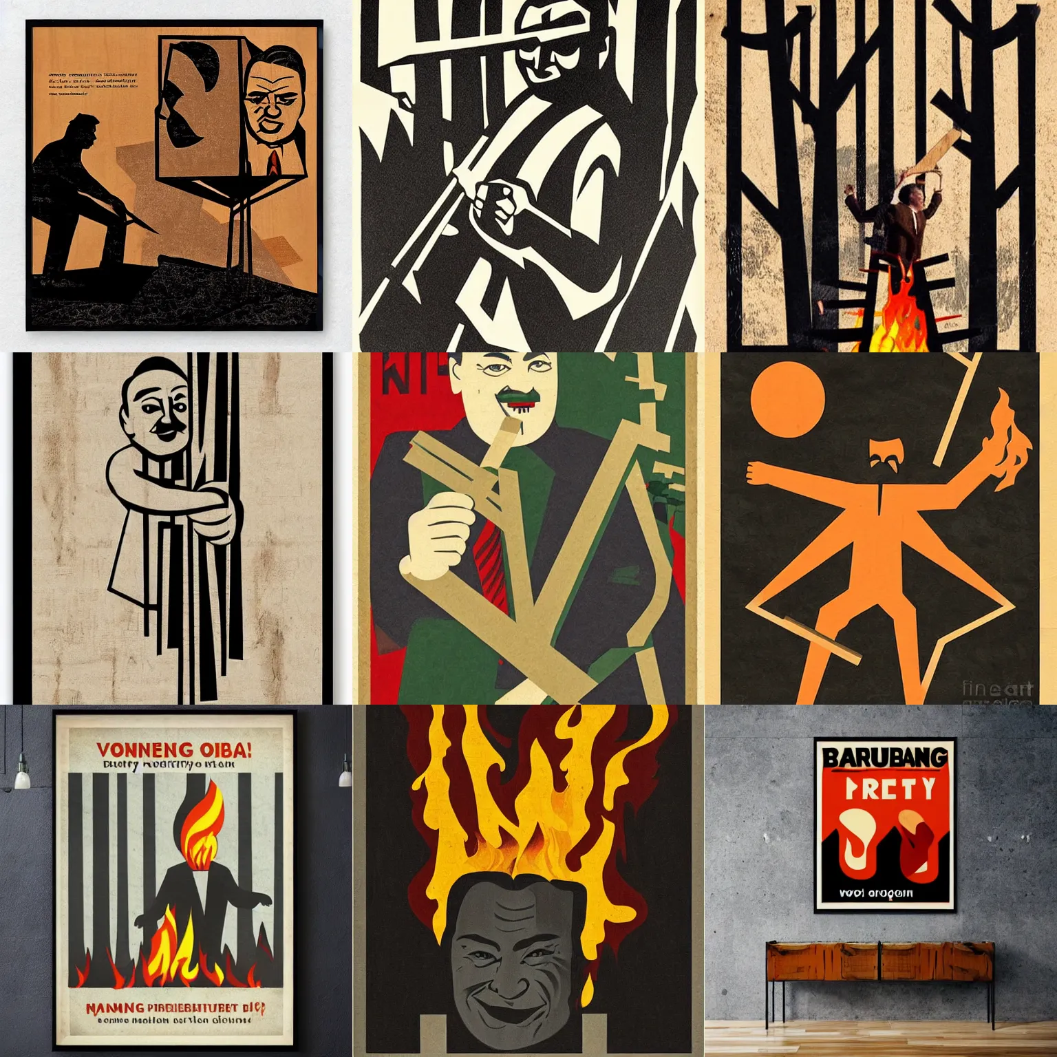 Prompt: viktor orban burning down a forest, holding a wood piece, highly detailed winking face, bauhaus 1 9 3 0 s geometric poster