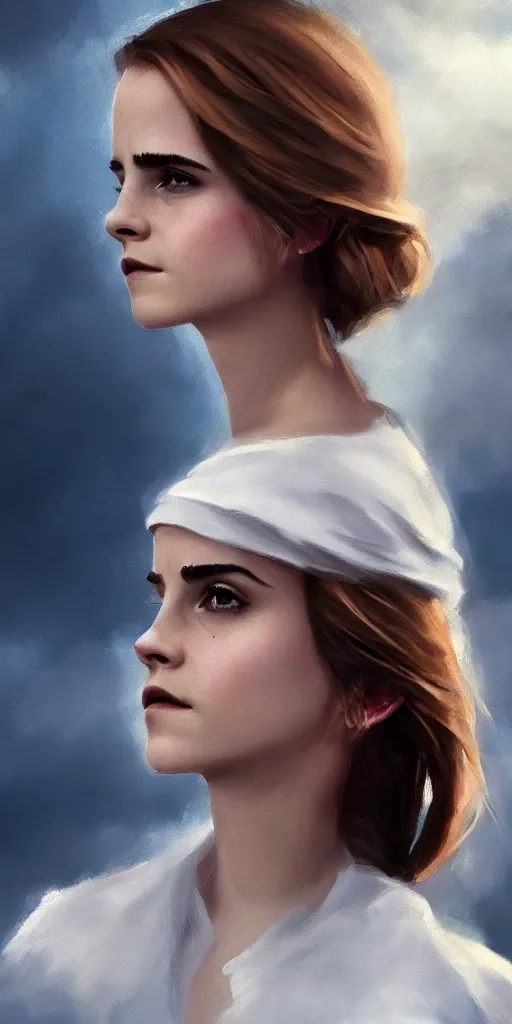 Image similar to emma watson by wlop. artstation contest winner, cinematic paint. lower shot. dramatic cloud in background.