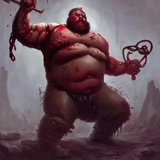 Image similar to a fat fleshy abomination four-arms butcher holding a cleaver and a hook hand, flesh wounded, four arms, chained hook, cleaver knife, meats on the ground, in the style of greg rutkowski, fantasy rpg, league of legends