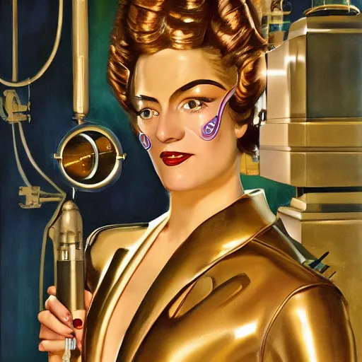 Prompt: closeup painting of uncannily beautiful aristocrat wearing latex and bronze catsuitand face paint inside bronze art deco arcology, science fiction by j. c. leyendecker and fritz lang and stefan prohaczka