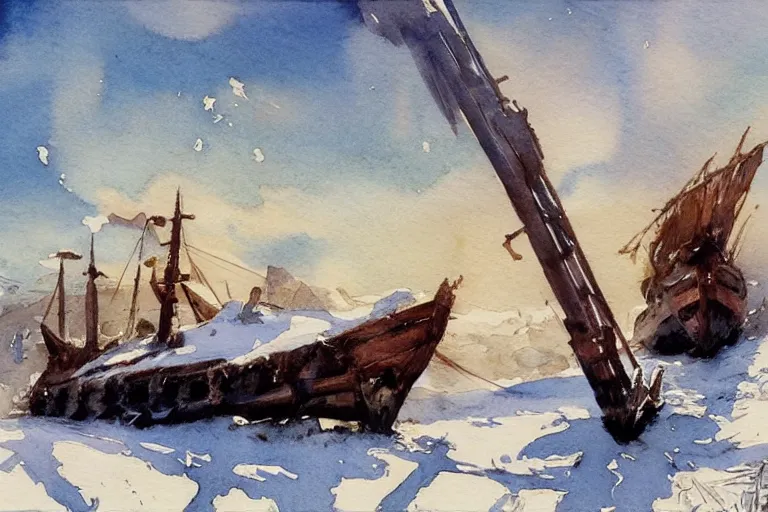 Prompt: small centered on watercolor paper, paint brush strokes, abstract watercolor painting of ancient viking shipwreck in snow, daylight, blue sky, cinematic light, national romanticism by hans dahl, by jesper ejsing, by anders zorn, by greg rutkowski, by greg manchess, by tyler edlin