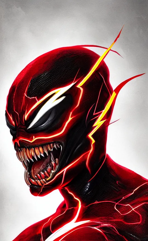 Image similar to portrait of venom as the flash, black and red, dynamic lighting, cinematic, ultra detailed, trending on art station, stunning visuals, creative, fantasy concept art