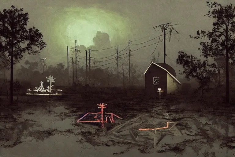 Image similar to scene from louisiana swamps, old protestant church with neon satanic pentagram, junkyard by the road, boy scout troop, voodoo artwork by tim eitel